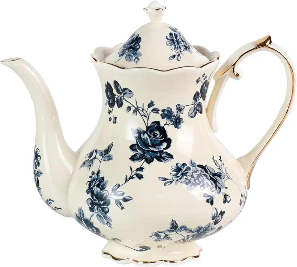 KAMMAK Teapot with Handle, 30 oz Vintage Porcelain Tea Pot, SY019