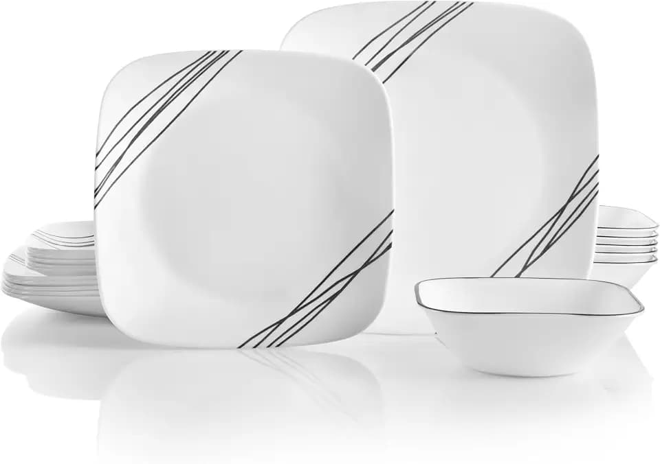 Corelle Vitrelle 18-Piece Service for 6 Dinnerware Set Triple Layer Glass and Chip Resistant, Lightweight Square Plates and Bowls Set, Simple Sketch