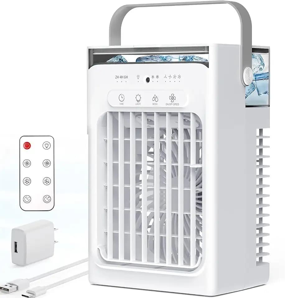 Portable Air Conditioners, 4-Speed Mini Air Conditioner, 3-in-1 Personal Cooling Fan, Small AC Unit with 1000ml Water Tank, 2/4/6H Timer, USB Powered (5V 2A Adapter Included) for Bedroom Office Desk