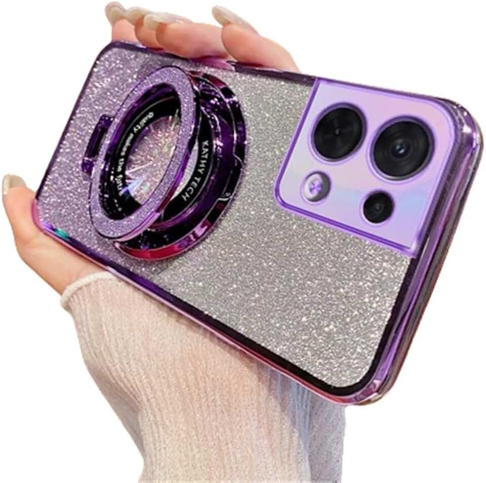 QIWEIQING Kompatibel mit Oppo Reno 8 5G Glitzer Hülle mit Ring Ständer Galvanisierte, Strass Bling Diamant Schutzhülle Ring Kameraschutz Silikon Schutzhülle für Oppo Reno 8 5G.Purple DS
