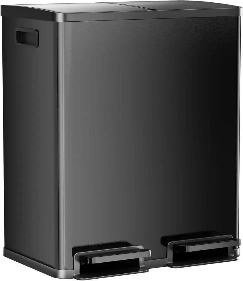 DUMOS Kitchen Trash Can, 2x8-Gallon Dual Trash Can with Lid, Stainless Steel Garbage Bin with 2 Removable Inner Buckets, Soft-Close Foot Pedal for Kitchen, Home, Office, Glossy Black