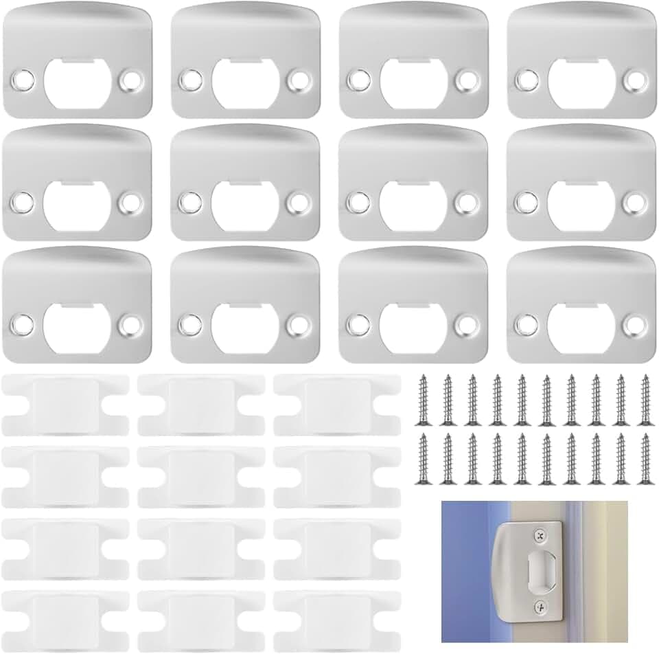 12 Pcs Door Strike Plates, Stainless Steel Deadbolt Strike Plates, Full Lip Round Corner Strike Plates, Black Door Reinforcement Kit, Fit Most Standard Wooden Doors and Locks (White-1)