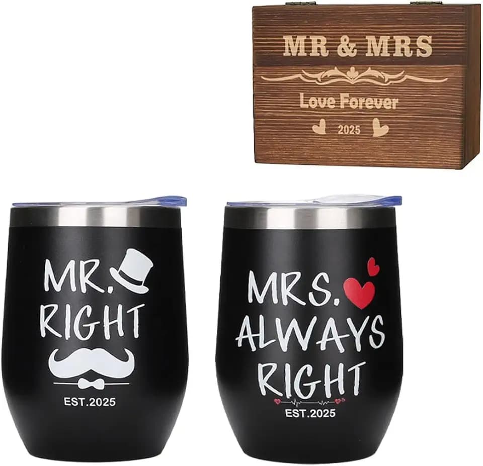 MRPAPA Unique Christmas for Couples - Engagement Wine Tumbler Gift Set - Bridal Shower Set for Her - Wedding Set for Couple - Mr and Mrs Tumbler Set (Black)