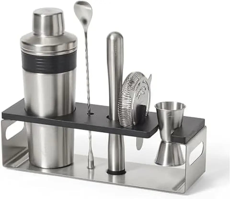 Rabbit 6-Piece Bar Tool Set - Stainless Steel Cocktail Shaker with Integrated Strainer, Muddler, Stir Spoon, Double Jigger, Hawthorne Strainer and Stand