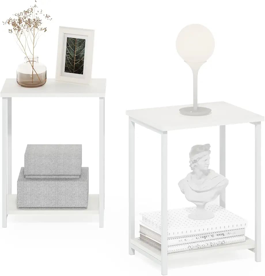 Furinno Simplistic Side Table Set of 2, 2-Tier Modern Metal Frame End Table with Open Shelf, Night Stand, Bedside Table, Easy Assembly, for Living Room, Bedroom, White