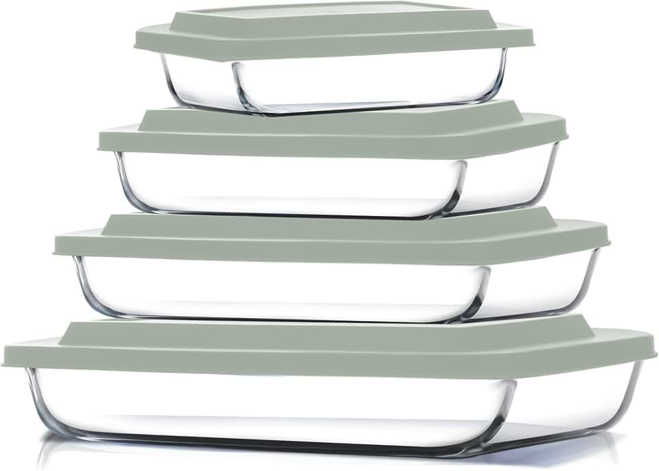 Eatex 8-Piece Deep Glass Casserole Dishes for Oven with Plastic lids, Rectangular Glass Baking Dish Set, Baking Pans for Lasagna,Leftovers, Cooking, Kitchen, Freezer-to-Oven and Dishwasher, Sage Green