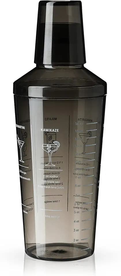 True Smoke Tinted Plastic Cocktail Shaker with Measurements for Cold Brew Cocktails, Margarita, Includes 6 Recipes, Espresso Martini Shaker, Home Bar Gifts, Bar Tools, Bar Cart Accessories, 16oz, Gray