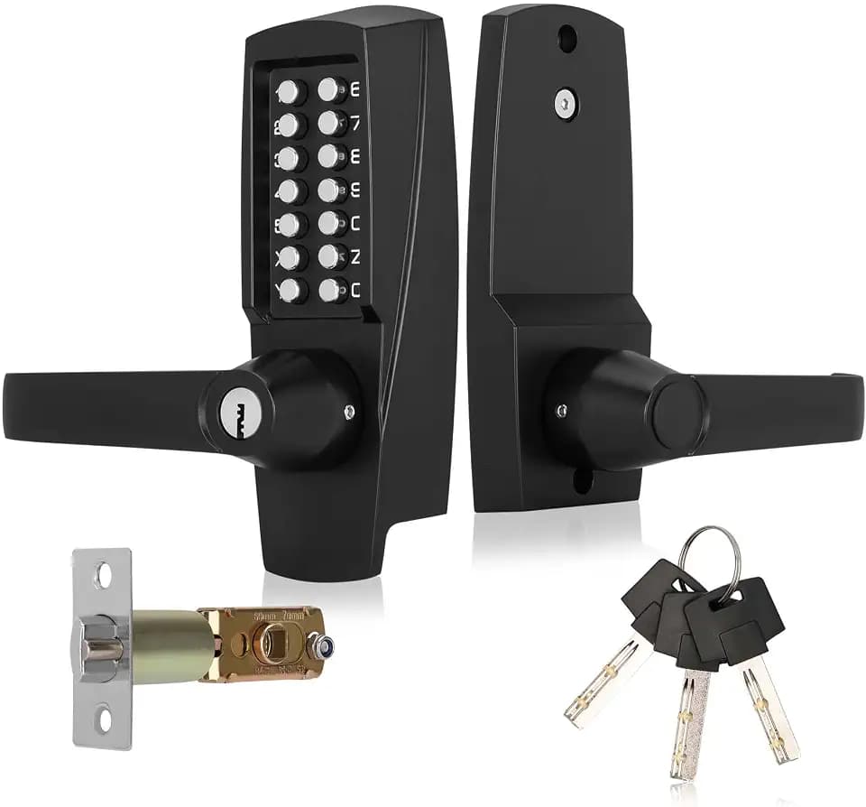 New Upgrade Mechanical Door Lock with Handle,Mechanical Push Button Lever Lock,Stainless Steel Mechanical Keyless Entry Door Lock with Key,Upgrade Adjustable Deadlatch 2-3/8'' and 2-3/4''