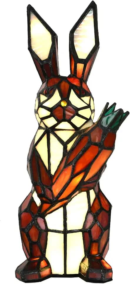 Bieye L10946 Rabbit Holds Carrot Tiffany Style Stained Glass Accent Table Lamp for Home Decor (Red)