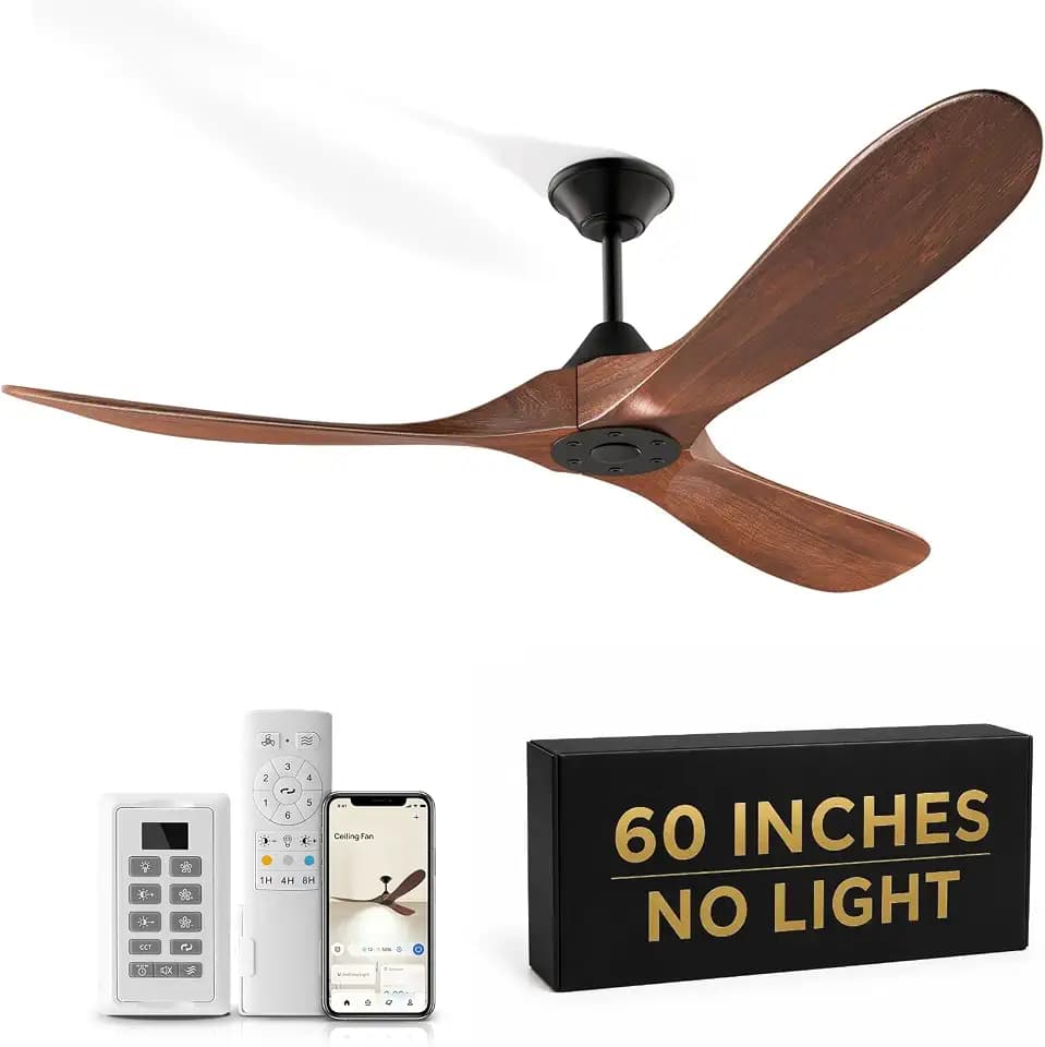 Outdoor Ceiling Fans without Light: 60 Inch 3 Blade Modern Walnut Ceiling Fan - Ceiling Fans no Lights and Remote Wall APP Control - Indoor Ceiling Fans for Bedroom Living Room - Quiet DC Motor Timer