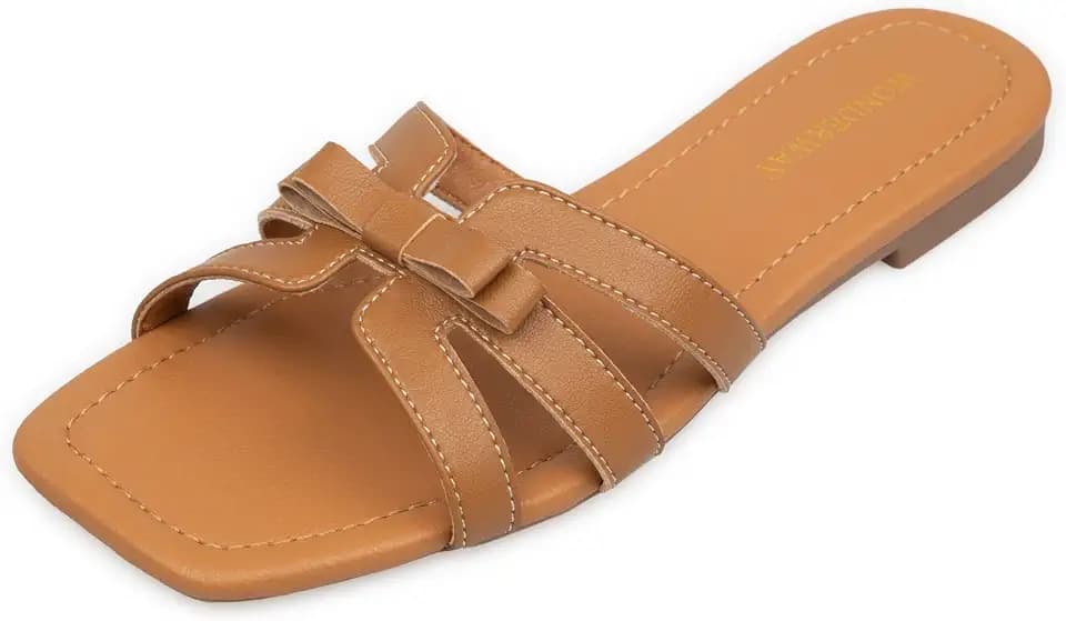 WONDERWAY Women Bow Flat Sandals Dressy Sandals for Women Cute Comfortable Square Open Toe Slides Sandals