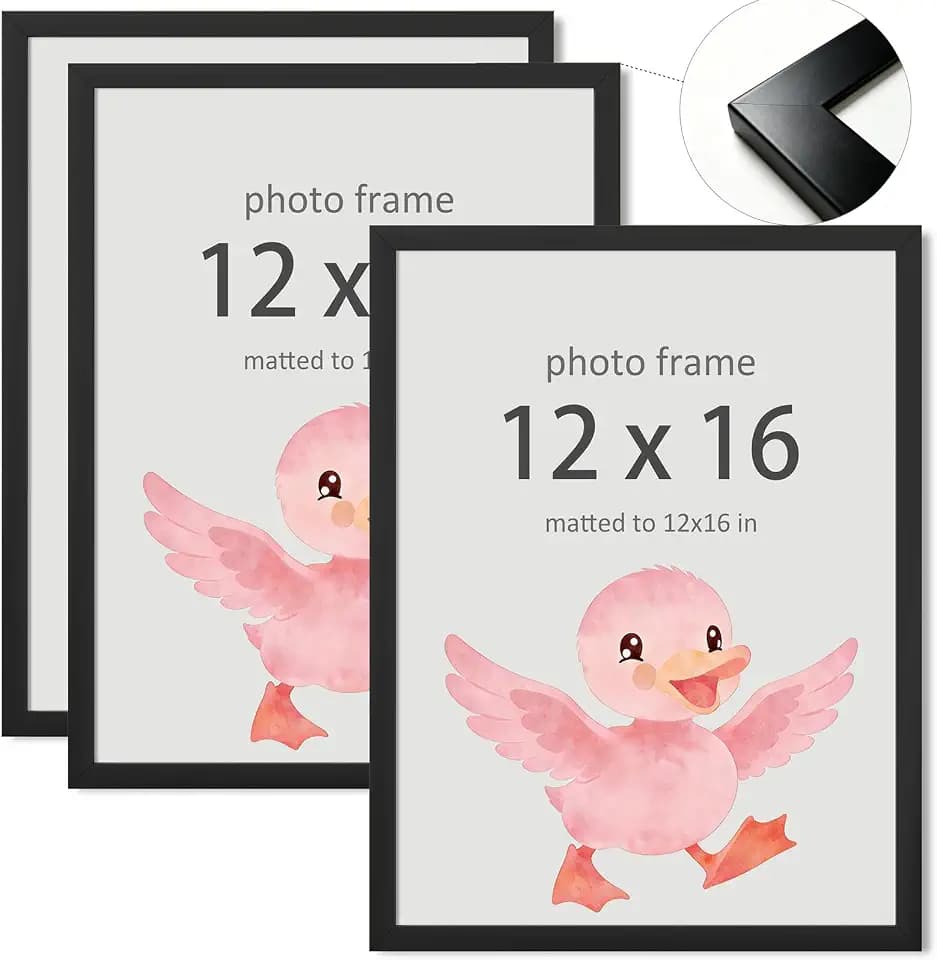 12x16 inch Picture Frame Set of 3 - Black PVC Lightweight Wall Mounting Frames, Vertical or Horizontal Display for Photos, Soft-Touch Black Photo Frames Without Mat, Modern Home Decor
