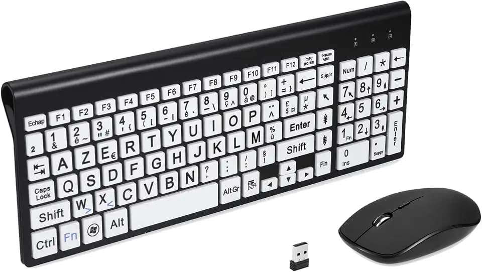 Großformatdruck, volle Größe, 2,4 G, AZERTY-Tastatur und Maus, kabellos, großformatiger Druck für Sehbehinderte, Senioren, Kinder, Büro und Verwendung