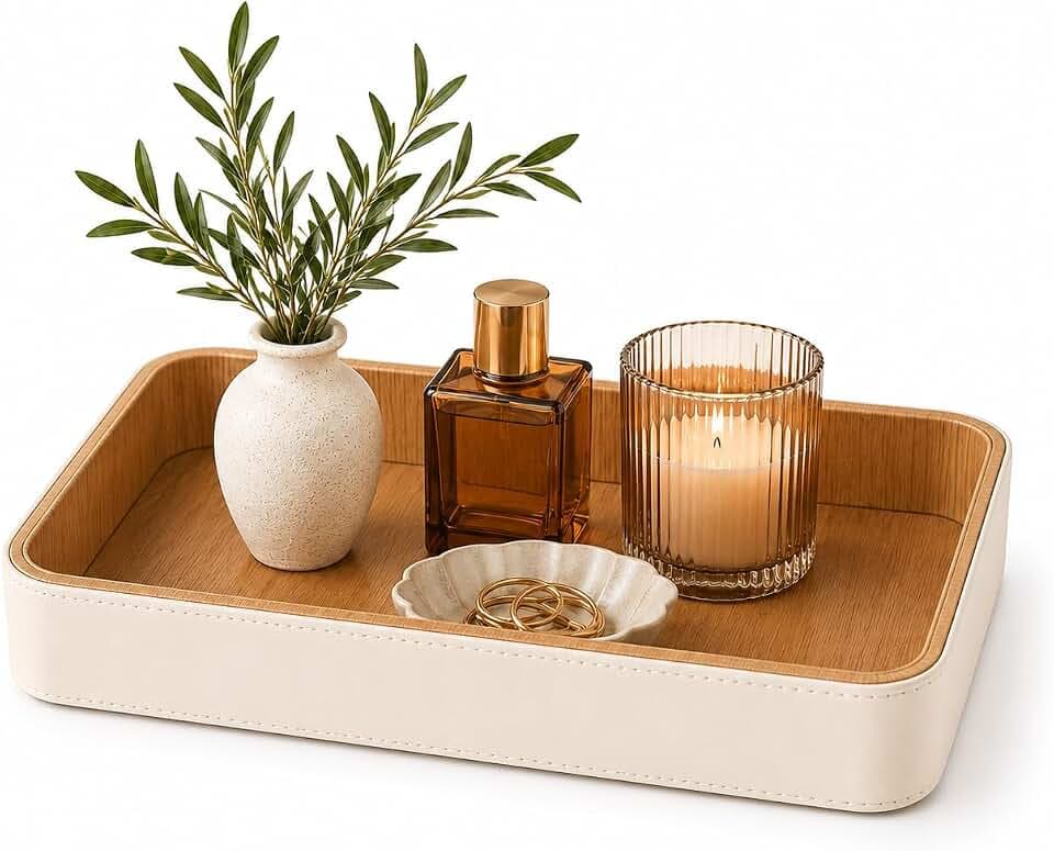 GORESE Rectangle Perfume Tray for Dresser, PU Leather Jewelry Tray for Vanity, Cream White & Wooden