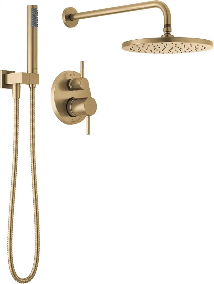 Delta Modern 14 Series Round Rain Shower System Faucet Set, Rainfall Brushed Gold Shower Head and Handle Set, Valve Trim Kit, 10 Inch, Champagne Bronze T342702-CZ (Valve Not Included)
