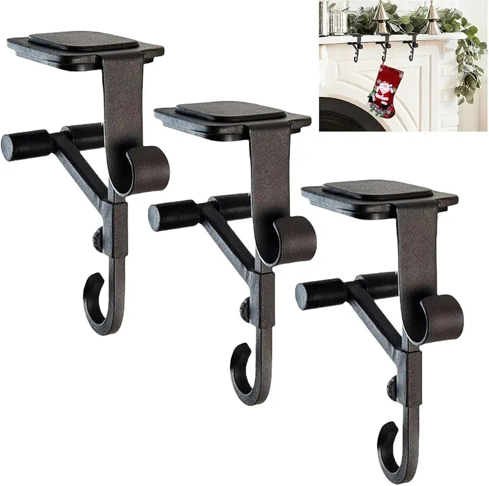 ATRGDUEFireplace Stocking and Garland Hanger with Two Hooks,Adjustable Mantle Holder- Hold Christmas Decoration and Hang Garland-No Drill,Durable Wrought Iron Holds Up to 20 lbs (3Pcs,Black)