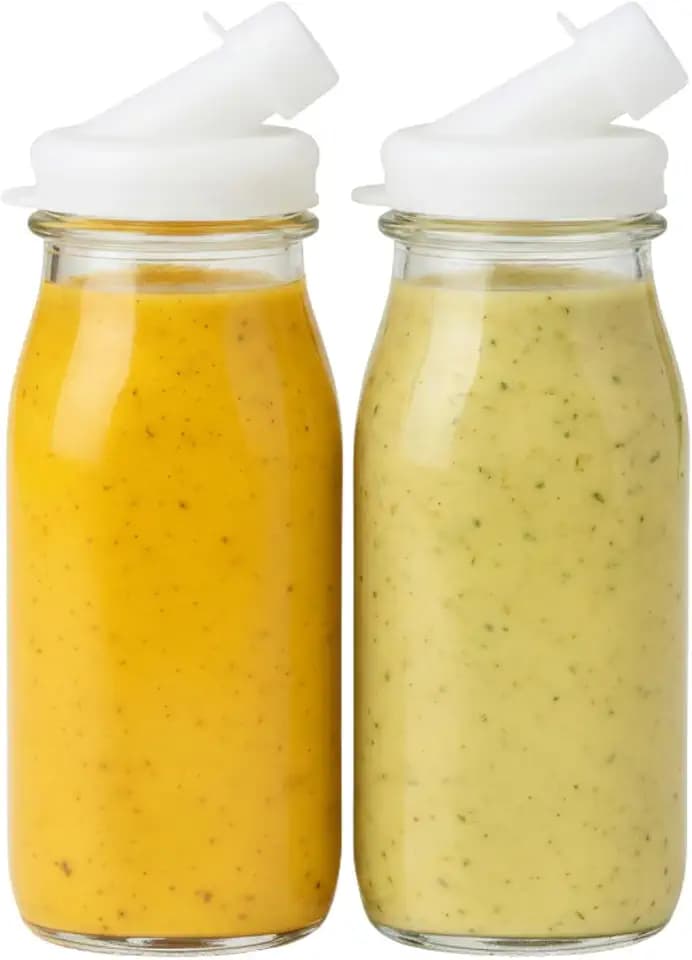 kitchentoolz Salad Dressing Shaker Bottle - 12oz Glass Salad Dressing Dispenser Container with Silicone Pour Spout for Sauces, Ranch, and Marinades - Pack of 2