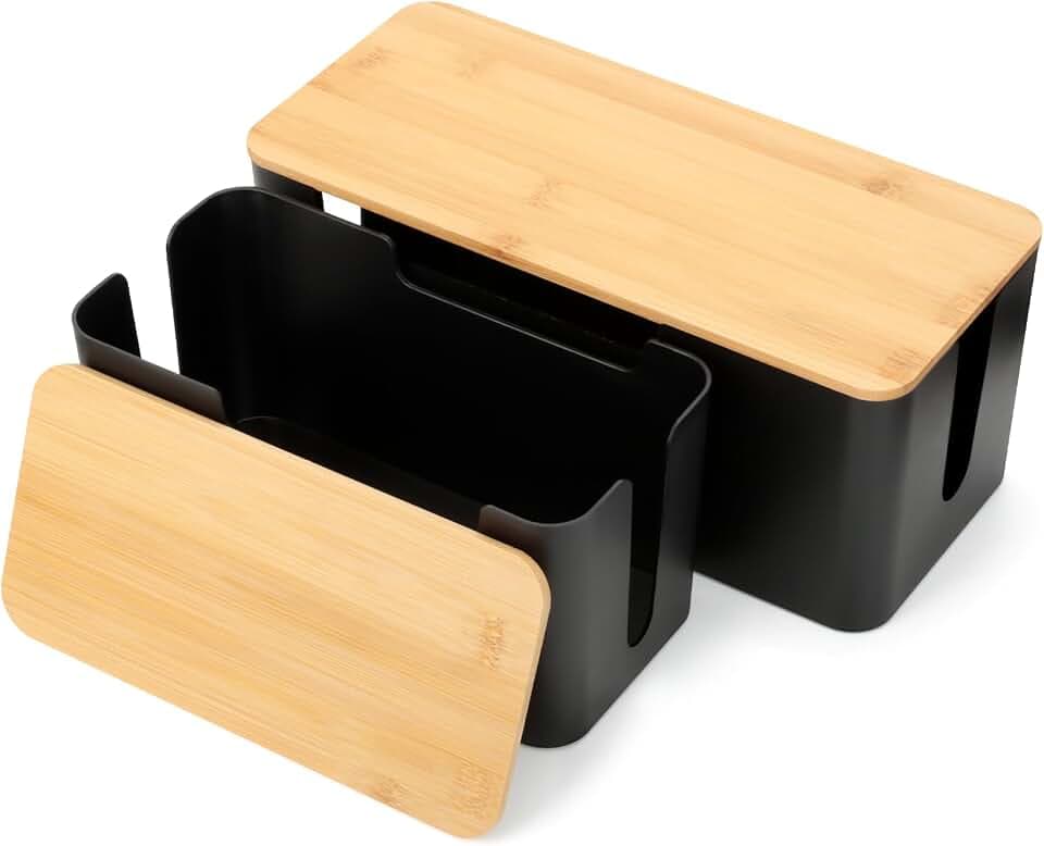 AiQInu 2 Stück Kabelbox Schwarz Groß + Klein, Cable Organizer Kabel Verstecken, Cable Organizer Mit Einem Holzdeckel, Steckdosenbox Kabelsammler Kabel Organizer Box