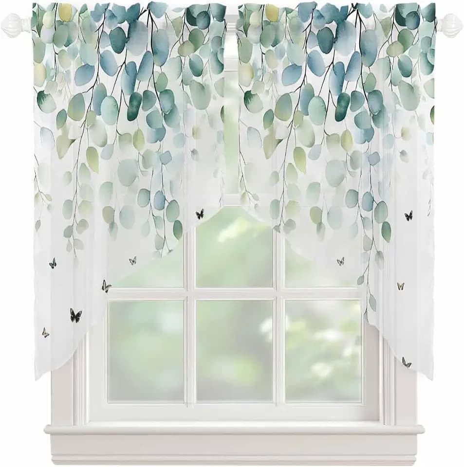 Eucalyptus Leaves Swag Curtain Valance for Kitchen Window, Sage Green Botanical Floral Voile Sheer Tier Curtains, Plants Butterfly Rod Pocket Short Swag Topper for Doorway Bedroom 36"x45" 2 Panels