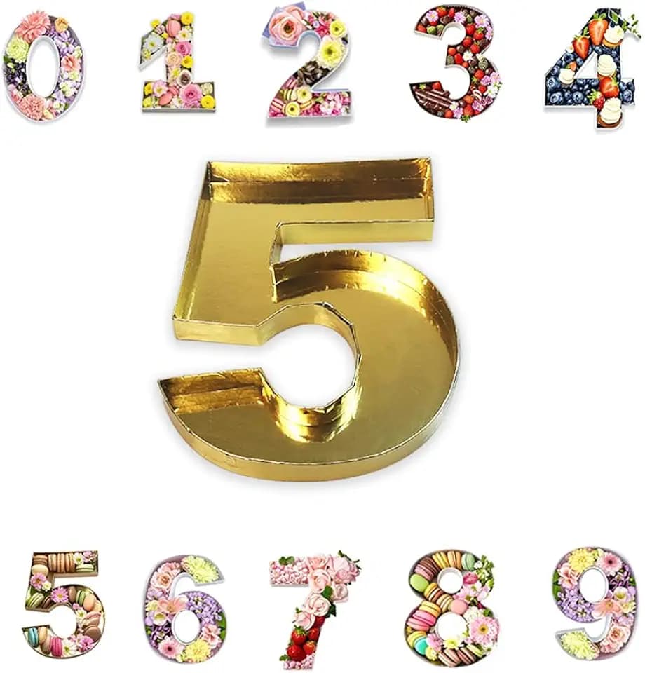 14" Cardboard Number Charcuterie Tray Birthday Anniversares Parties Celebration Supplies Fillable Paper Mache Chocolate Candy Cupcakes (Gold, 5)