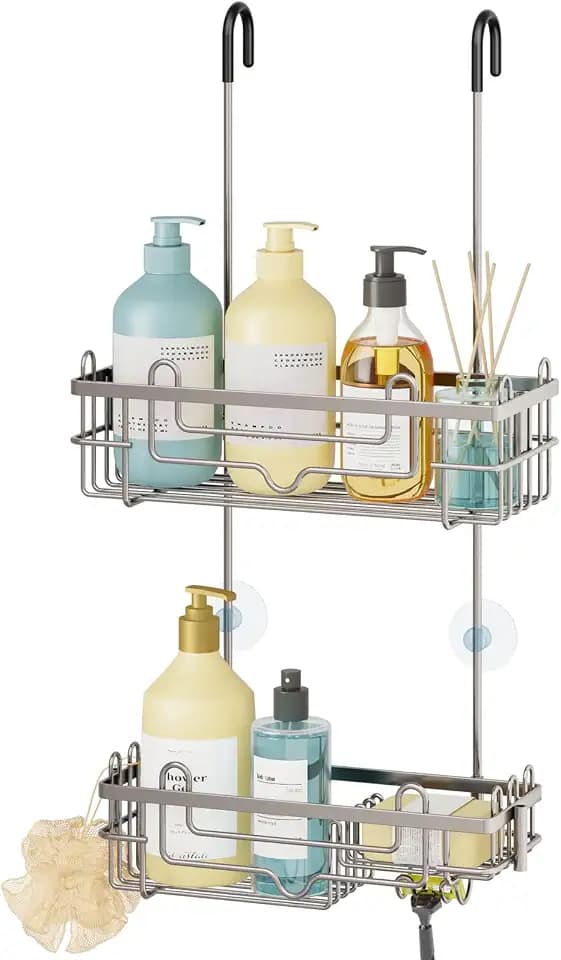 Consumest Over the Door Shower Caddy - 2-Tier Hanging Shower Organizer with Soap Holder, Rustproof Bathroom Storage and Organizer Rack for Shampoo, Towels, and Toiletries, Satin Nickel