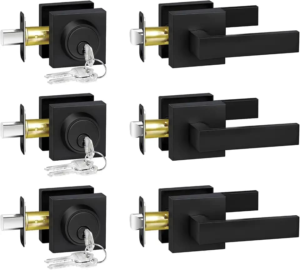 Exterior Door Lock Set, Door Locks for Front Door with Single Cylinder Deadbolt Lock, Matte Black Flat Square Passage Door Handle with Key for Front Door, 3 Pack (All Same Keyed Alike)