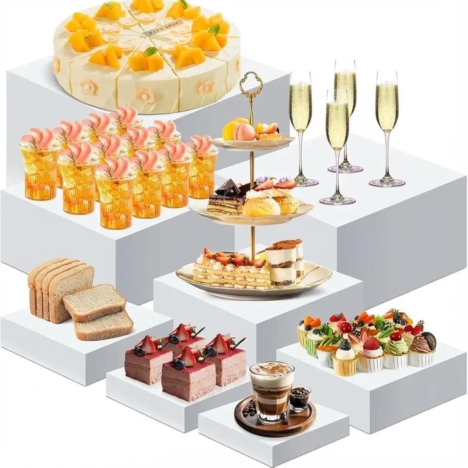 8Pcs Acrylic Display Risers Hollow Cube Food Stands, Stackable Buffet Risers for Party Catering Dessert Tables, Collectibles, Wedding, Table Centerpiece Decor (White)