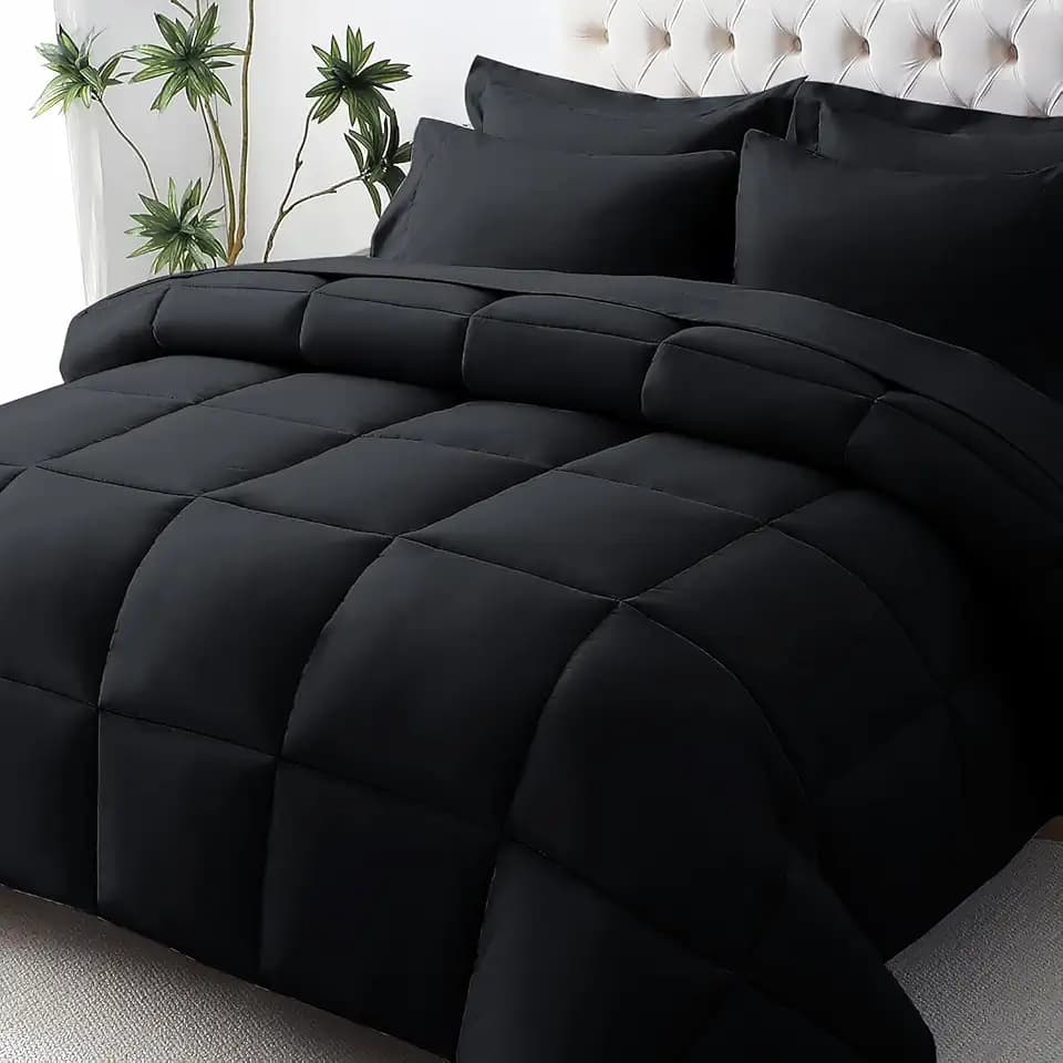 JOLLYVOGUE Full Comforter Set, Ultra-Soft Bed in a Bag Full Size 7 Pieces, Oeko-TEX Certified Bedding Set with Down Alternative Comforter, Sheets, Pillowcases & Shams, Black