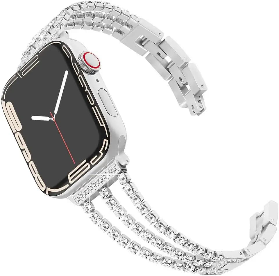 DEALELE Armband Kompatibel mit Apple Watch 42mm 41mm 40mm 38mm, Schlankes Glitzer Diamant Strass Metall Ersatz Armbänder für iWatch Series 11/10 / 9/8 / 7/6 / 5/4 / 3 / SE Damen, Silber