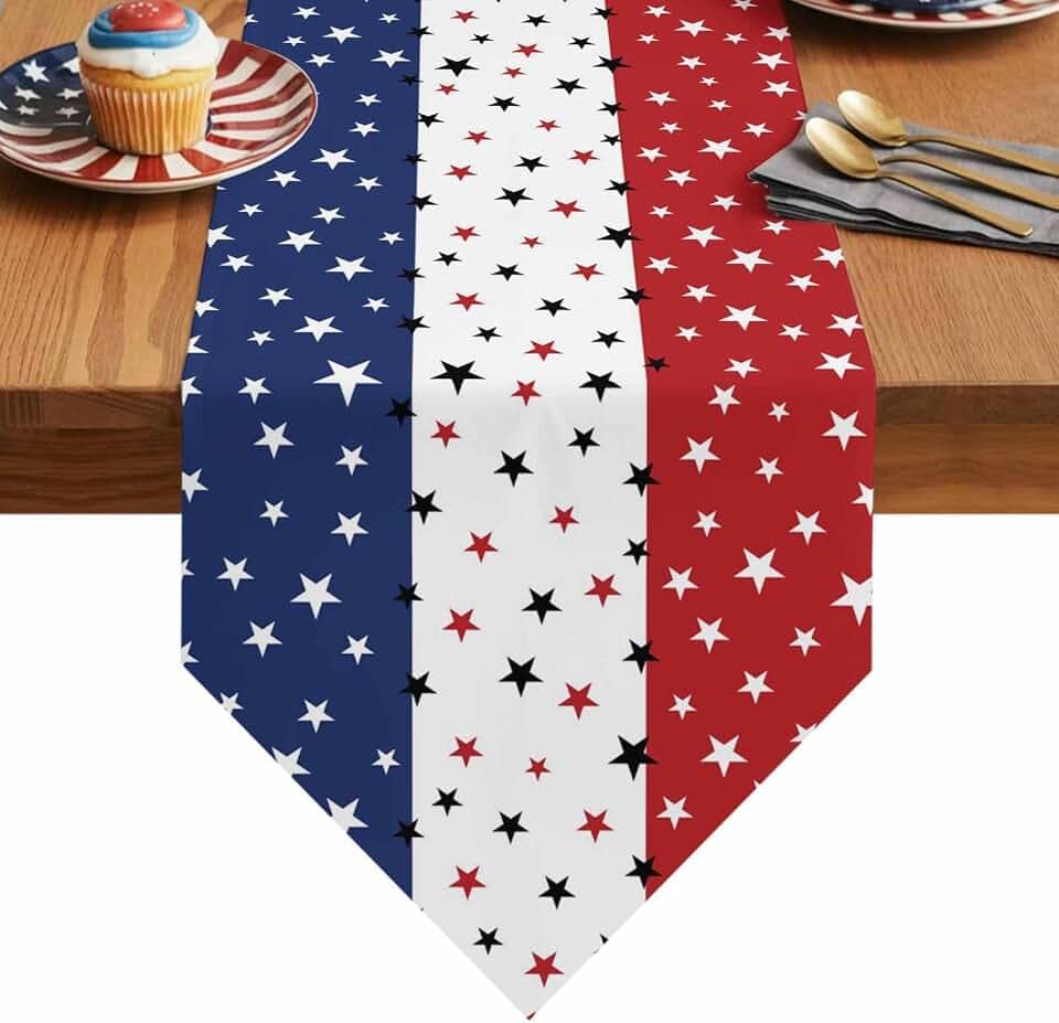 Independence Day Table Runner with Cotton Linen Blend,July 4th Red White Blue Table Top Covers Table Runner Decorations for Indoor Outdoor Party Holiday Wedding Dining Table-14 x 72inch Long