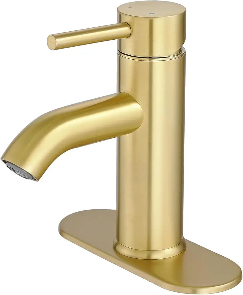 Bathroom Faucet Brushed Gold Modern Bathroom Sink Faucet, Single Handle Faucet for Sink, Vanity, RV, Lavatory, Suitable for 1 or 3 Holes, with Supply Deck Plate and Hose