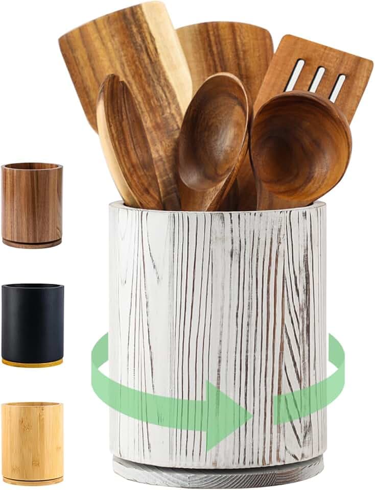 Distressed White Utensil Holder, 360° Rotating 7.3 in Kitchen Organizer