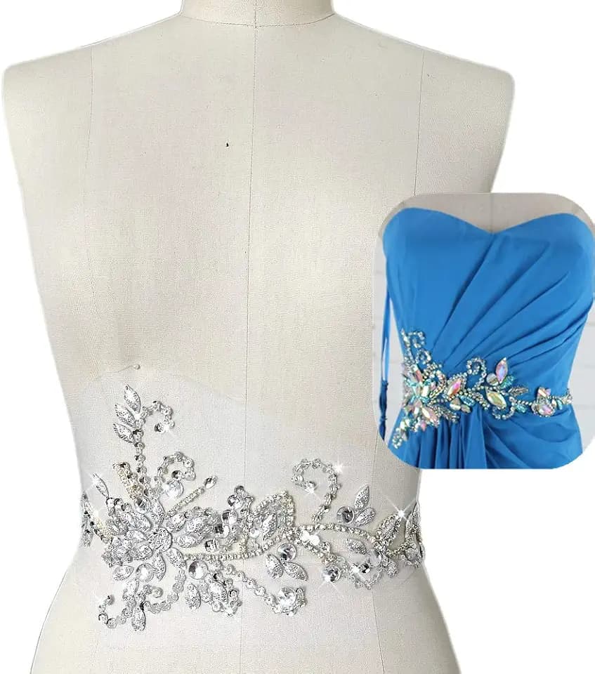 17x38cm Sew on Sequin Rhinestones Belt Crystal Appliques Designs Sewing Patch for DIY Costume Dress (Silver)