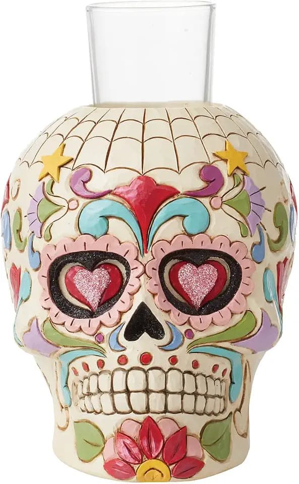Enesco Jim Shore Heartwood Creek Four Seasons Day of The Dead Skull Votive Candleholder Without Candle, 5.5 Inches, Glass, Stone Resin, Witches, Zombies