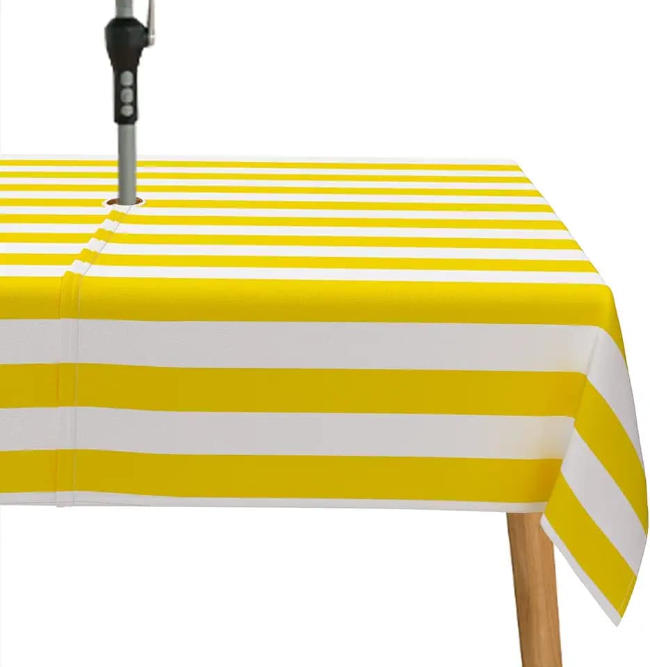 Yellow Strip Print Outdoor Tablecloth with Umbrella Hole for Rectangle Table, Waterproof Yellow Patio Table Cloth with Zipper - 60 x 84 inches