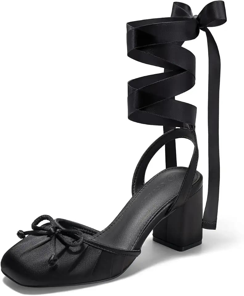 Coutgo Ballet Heels for Women Bow Closed Square Toe Chunky Heel Pumps Shoes