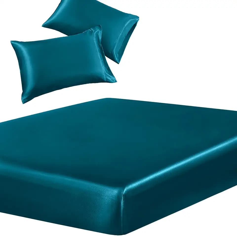 SiinvdaBZX 3-Piece Set Satin King Fitted Sheet & 2 Pillowcase, Dark Teal