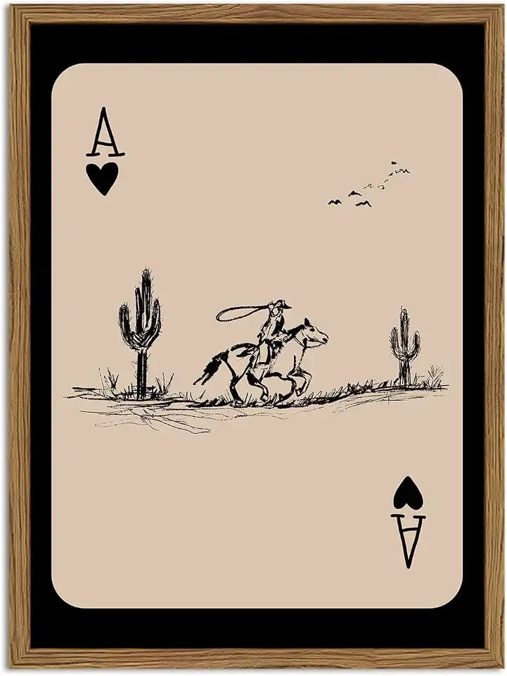 Western Cowboy Wall Art Vintage Southwest Wall Decor Painting, Western Playing Card Canvas Prints, Retro Cactus Sketch Artwork for Bedroom Living Room 24x36 inch Wood Framed