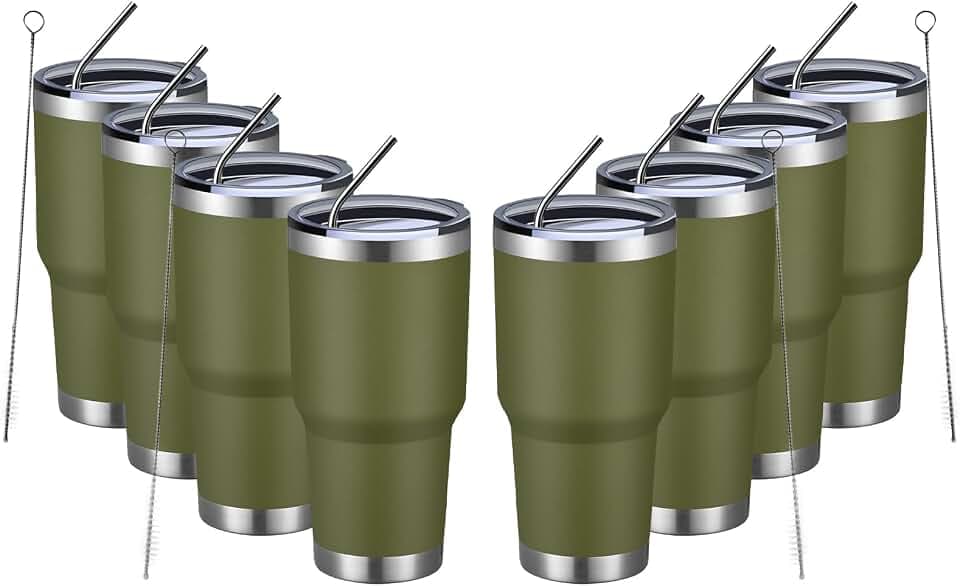 MEWAY 30oz Insulated Tumbler With Lids and Straws,Stainless Steel Double Vacuum Coffee Tumbler Cup, Brush, Durable Powder Coated Coffee Cup for Cold & Hot Drinks, Office, Travel(Army Green,8 PACK)