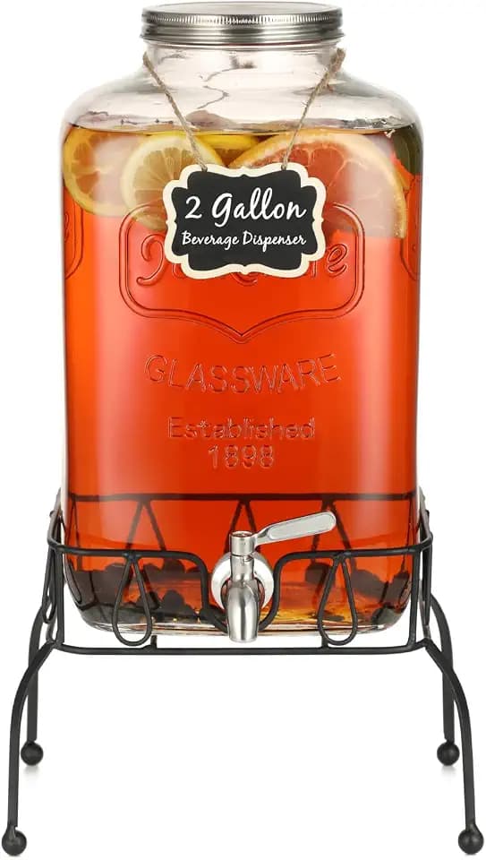 2 Gallon Glass Drink Dispenser with Stand, Stainless Steel Leakproof Spigot and Lid, Glass Drink Dispensers for Parties, Water Beverage Dispenser