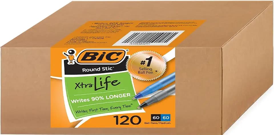 BIC Round Stic Xtra Life Pens, 1mm, 60 Black & 60 Blue Pens, Pack of 120