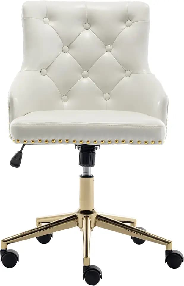 BTEXPERT White PU Leather Golden Base Home Office Chair Adjustable Tufted Leisure Gold Nail Trim Upholstery Bedroom Study Desk Task Chair Accent Armchair Tilt