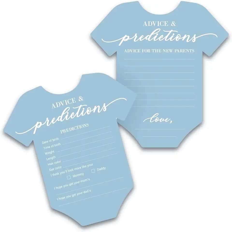 Baby Shower Advice & Prediction Cards - For 50 Guests - Blue Onesie