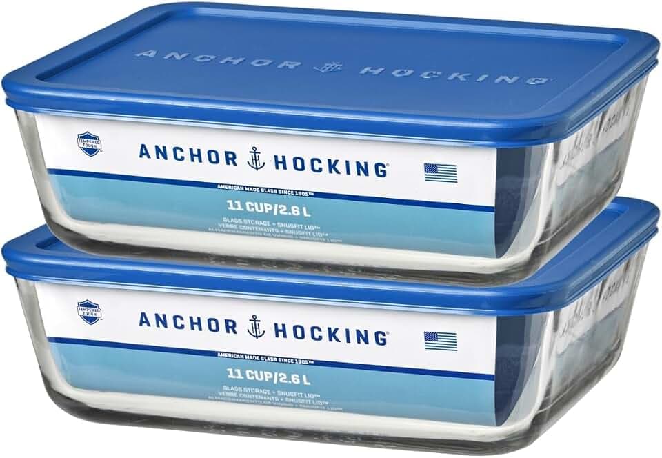 Anchor Hocking 11-Cup Glass Storage Containers with Lids, Set of 2 Glass Food Storage Containers with Blueberry SnugFit Lids