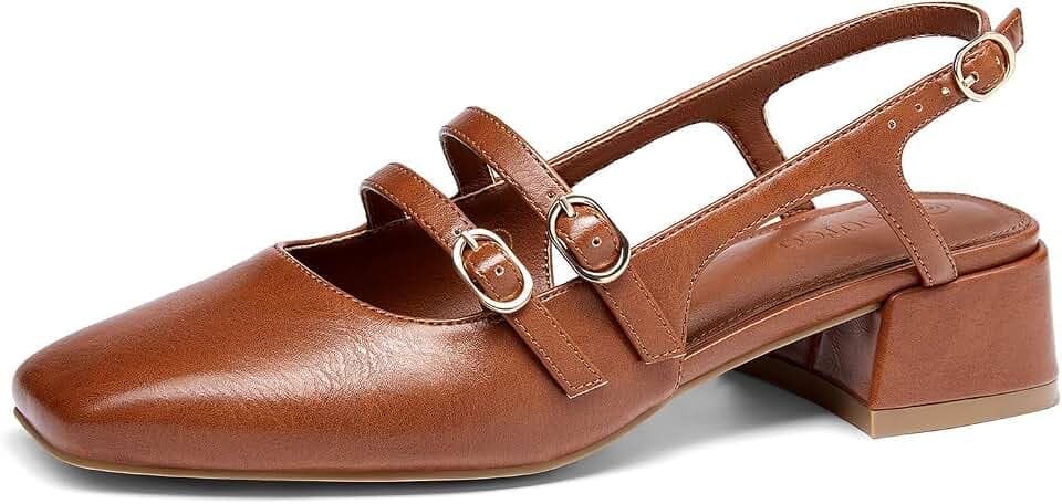 Coutgo Women's Mary Jane Chunky Low Heels Slingback Pumps Closed Square Toe Wedding Dress Shoes