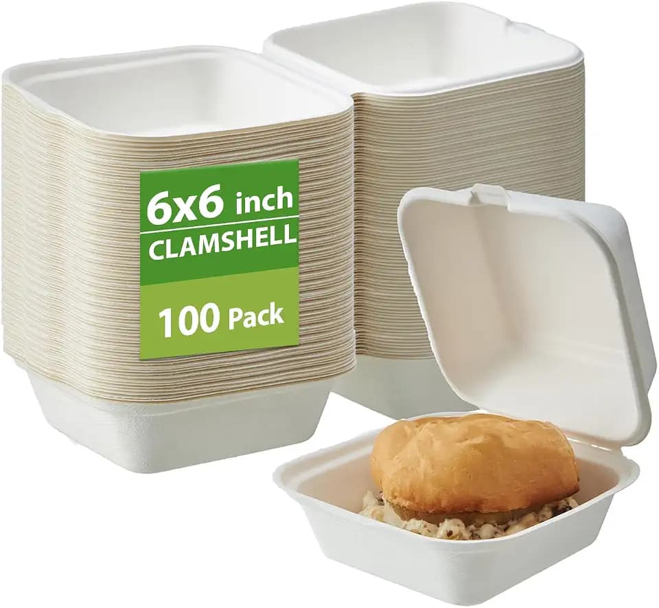 Jaluxing [6X6 1-Compartment 100-Pack Bio Natural Clamshell Take Out Food Containers with Lids, Disposable Bagasse Togo Plates, Eco-Friendly Biodegradable Made of Sugar Cane Fibers