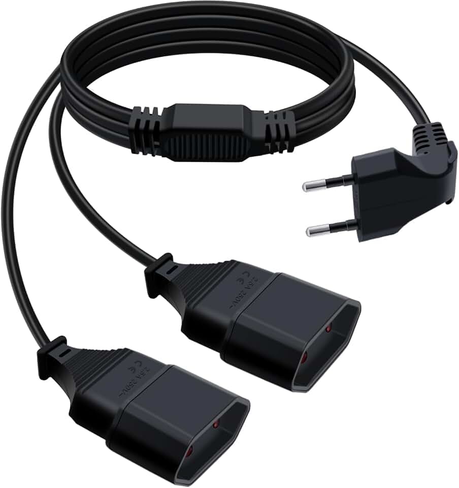 Eurostecker 2 auf 1 Verlängerungskabel Eurostecker 2 in 1 Eurostecker Y Verteiler Verlängerungskabel Flach Auf Rund 2,5A 250V, für Haushaltsgeräte TV PC Computer Etc (90 Grad Schwarz, 1.5m)