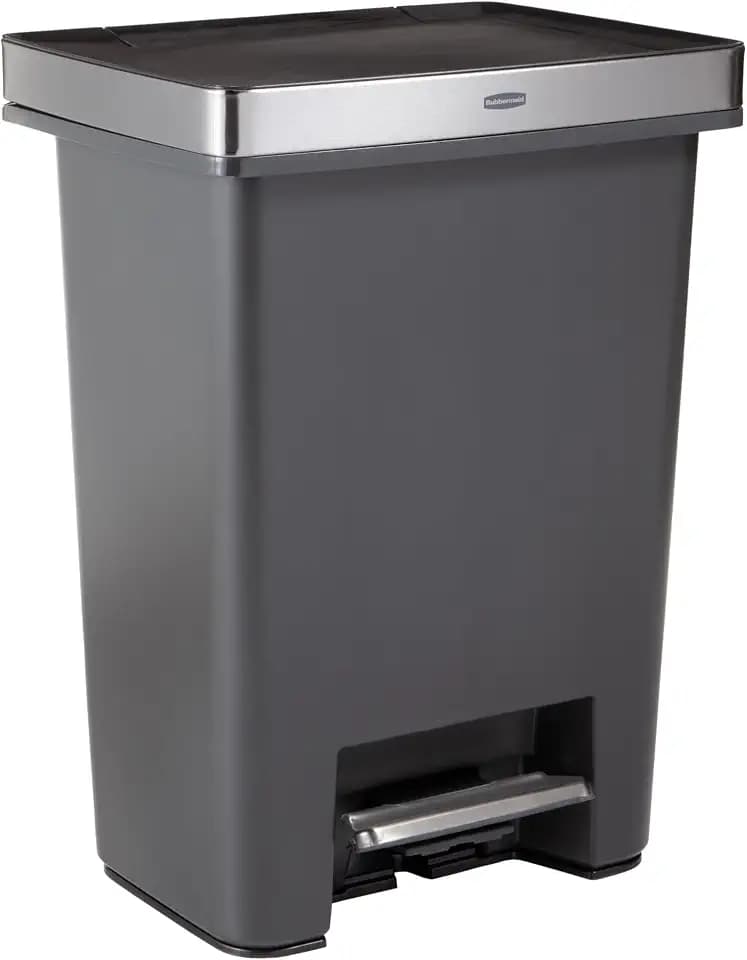 Rubbermaid Premier High-Capacity Step-On Trash Can, 19 Gallon, Single or Dual Stream Trash or Recycling, Charcoal, Stainless-Steel Rim, Lid Lock, Quiet Lid, for Home/Kitchen/Garage/Apartment