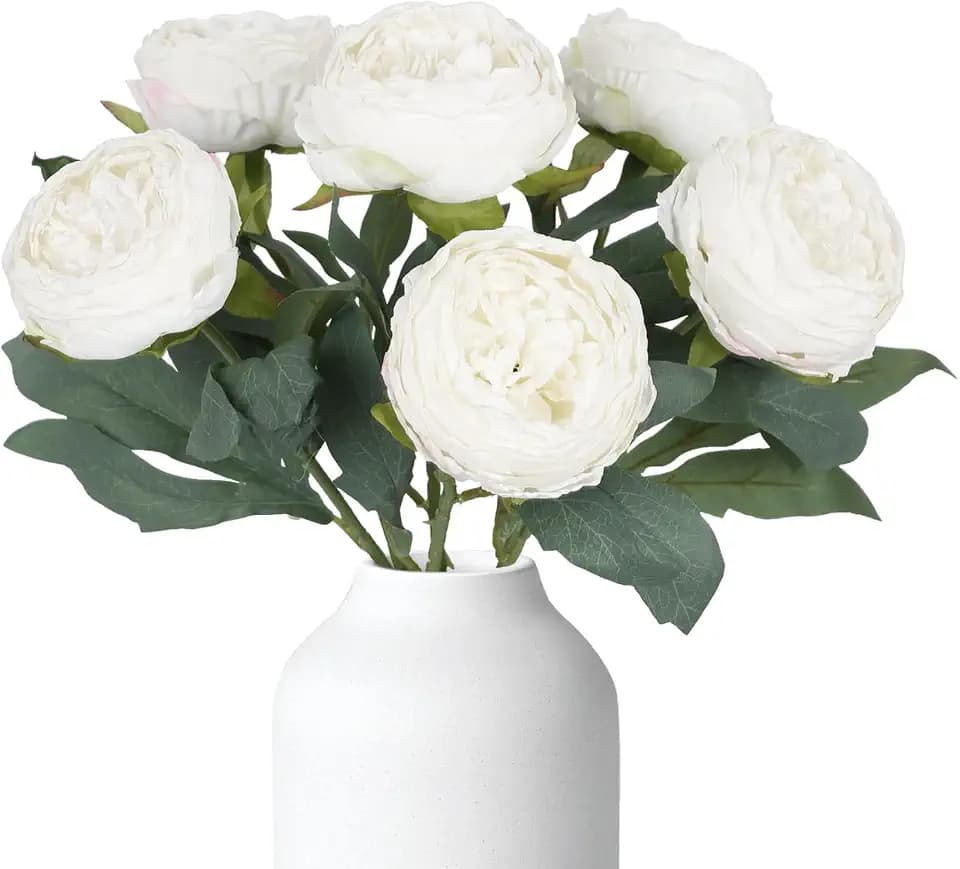 White Peonies Artificial Flowers,6PCS Vintage Faux Peony Flowers 19.7" Silk Peonies with Stems for Wedding Bridal Bouquet Home Party Office Decoration(White)