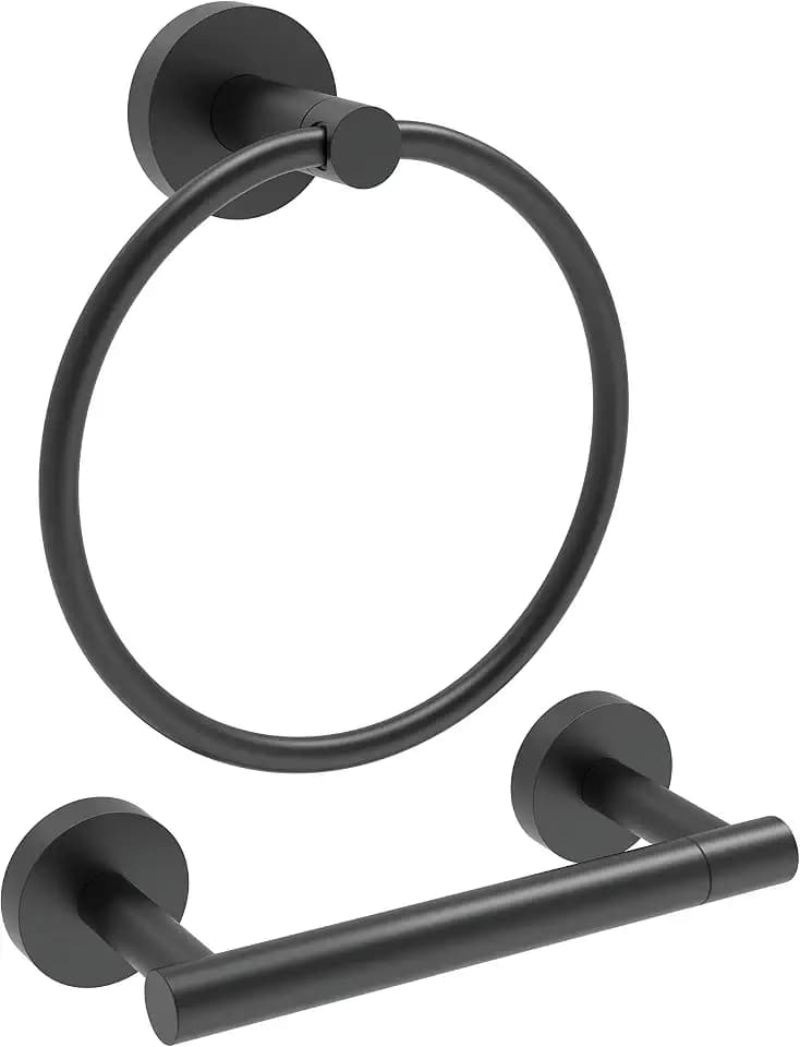 RARXTR Matte Black Toilet Paper Holder & Towel Ring SUS304 Stainless Steel 2pc Bathroom Hardware Set with Double Post Pivoting Toilet Paper Roll Holder Wall Mount & Bathroom Towel Holder Set